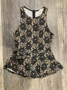 Lush Printed Black And Nude Lace Peplum Top